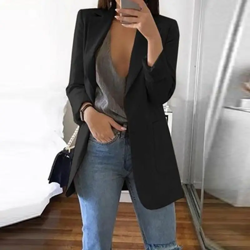 Ladies Solid Long Sleeve arrival Lapel Notched Slim Cardigan Outdoor Blazer Women Casual OL Blazers Coat