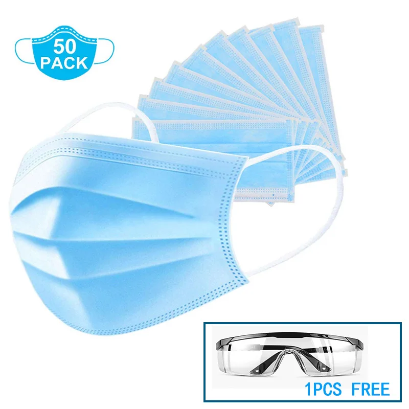 

50Pcs/Set Disposable Face Masks Adult 3 Layer Dust Filter Mouth Mask Breathable Earloop Anti Virus PM2.5 Air Pollution Child Men