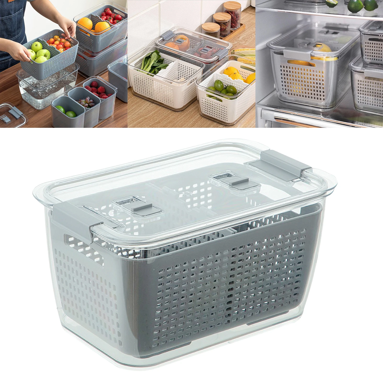 Fridge Drainage Basket with Lid Vegetable Fruit Partitions Storage Box