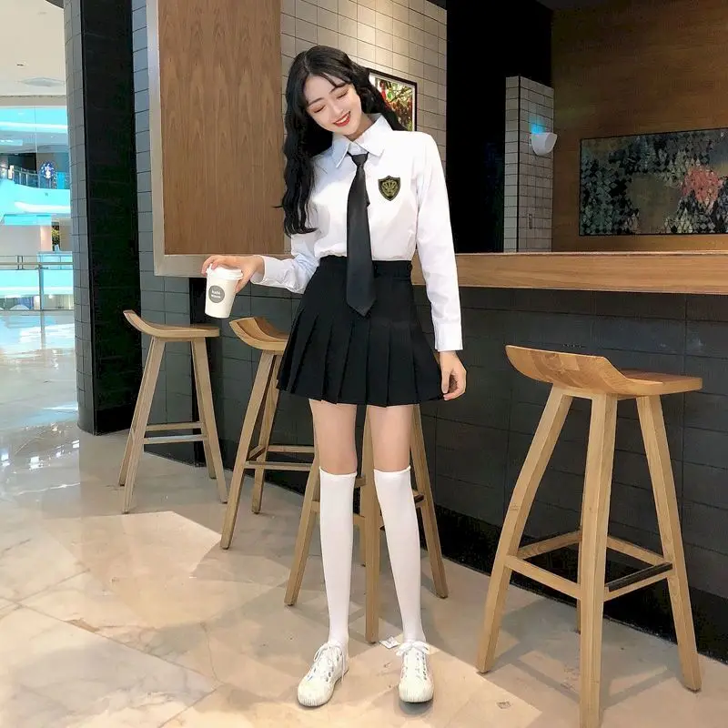 School Girl Uniform Two-piece College Style Pleated Skirt Suits Women Summer Loose Shirt Korean Uniform