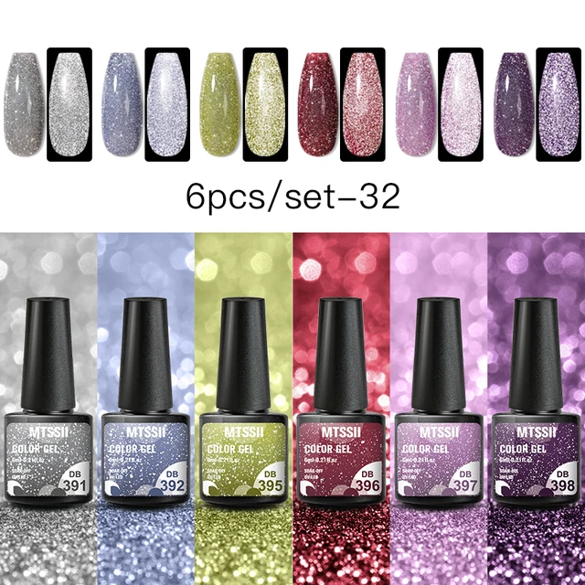 Mtssii 10Pcs/set Color Gel Nail Polish Set 100 Colors Semi Permanent UV Led Gel Varnish Soak Off Nail Lacquers Base Top Coat 6PCS Reflective-3