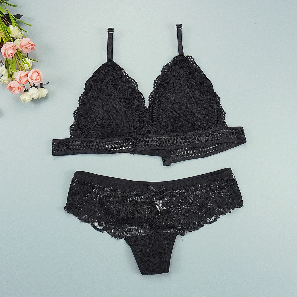 cheap underwear sets 2 Piece Lingerie Set Sexy Lace Push Up Bra Underwear Sets Hollow Thin Bralette Thongs Breast Bras 1/2 Triangle Cups Panties underwear set