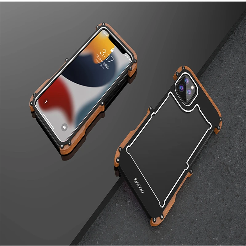 For iPhone 14/Plus/Pro/Max/13 Armor Aluminum Metal Wood Bumper Frame Case  Cover