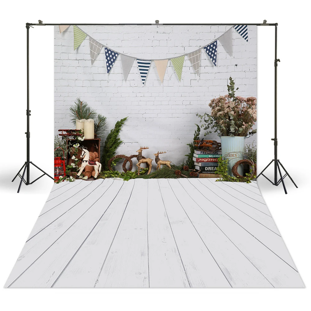 White Brick Wall Backgrounds Grainy Floor Backdrop Teddy Bunting Flowers Newborn Baby Portrait Photo Studio Booth Spring Banner |