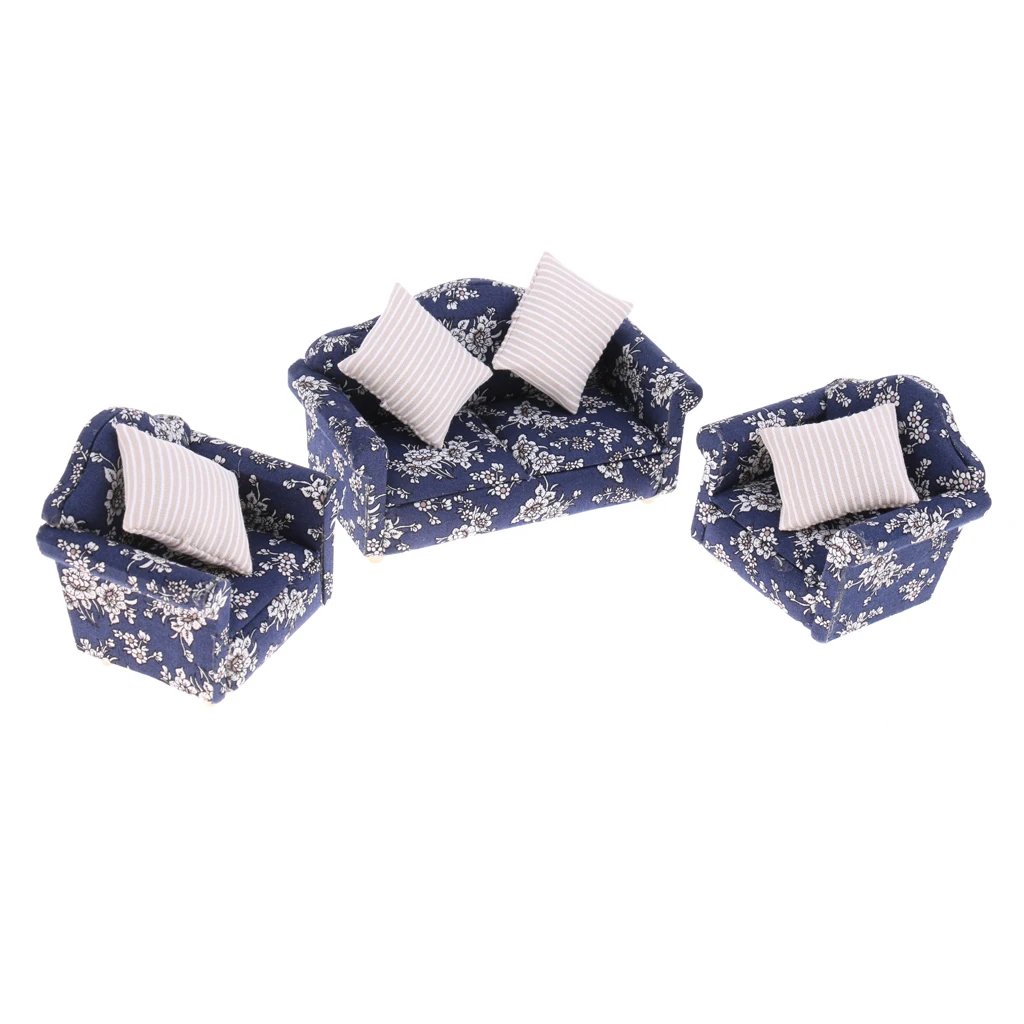 1/12 Dolls House Furniture Living Room Sofa Armchairs Cushions Pillows Blue