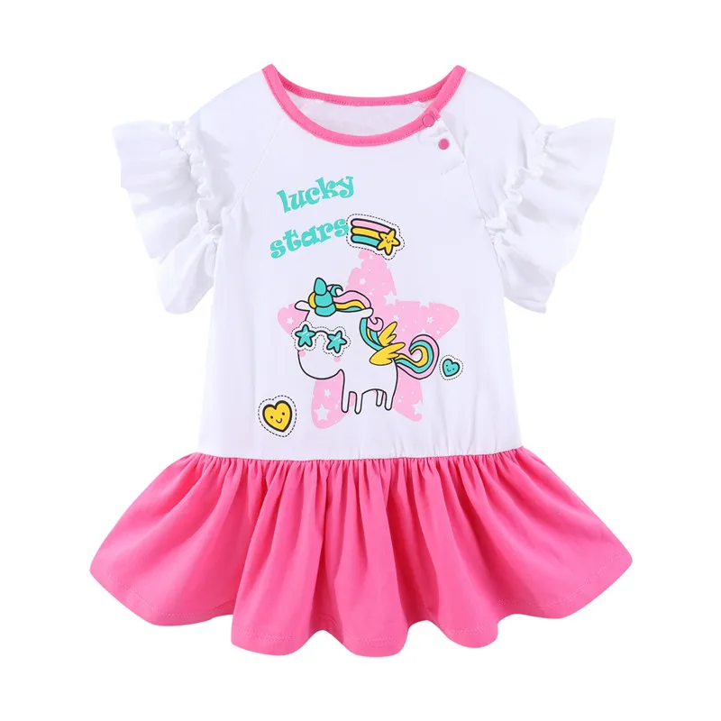 

Mudkingdom Girl Unicorn Ruffled Dress Lucky Stars Pleated O-Neck Shoulder Buttons