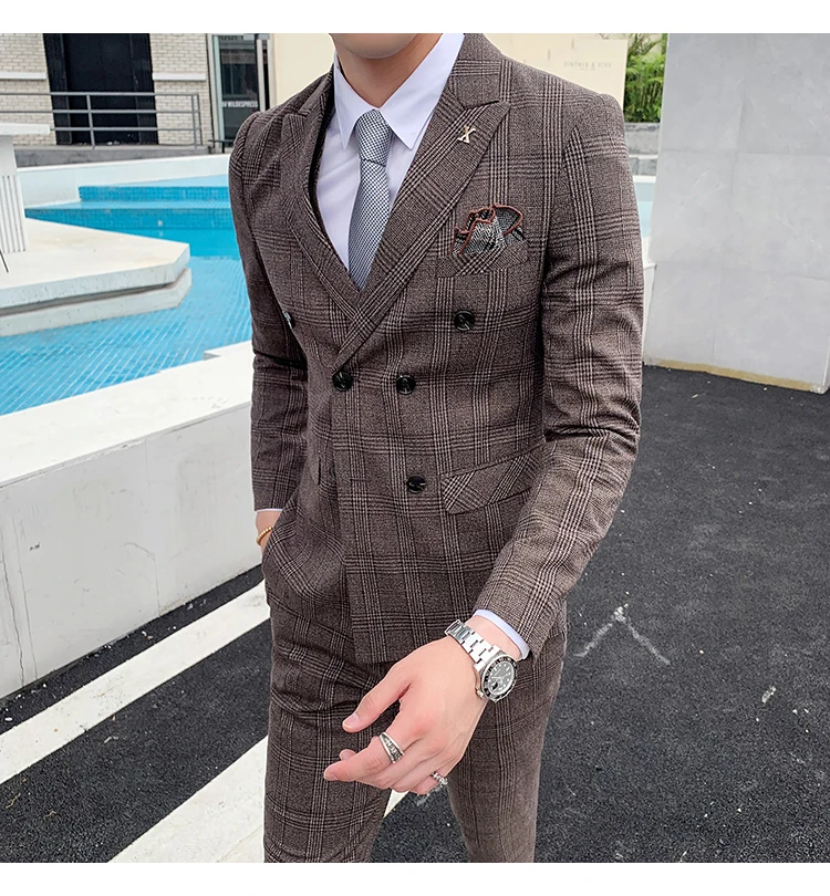 Мужской s Slim Fit двубортный костюм черный серый 3 шт смокинг джентльмена свадебный костюм для жениха деловые костюмы для мужчин Q871