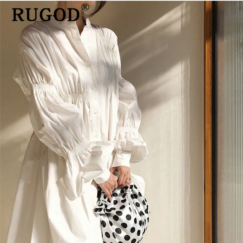 RUGOD корейское женское осеннее белое Плиссированное Платье-рубашка с длинным рукавом-фонариком, большие размеры, женские свободные миди вечерние Клубные платья