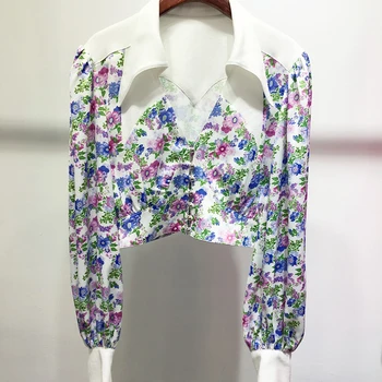 

Short Blouse For Women Elegant Long Sleeve Blouse Tops Women Office Lady Floral Print Blouse