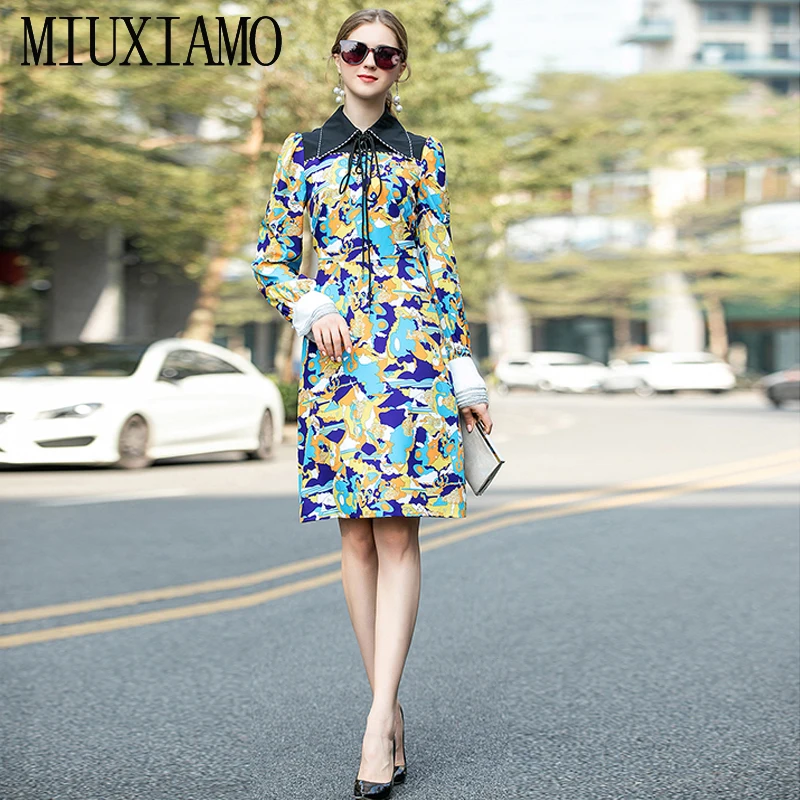 MIUXIMAO, высокое качество,, подиум, дизайнерское, весеннее платье, женское, длинный рукав, цветочный принт, элегантное, Повседневное платье, для женщин, vestidos
