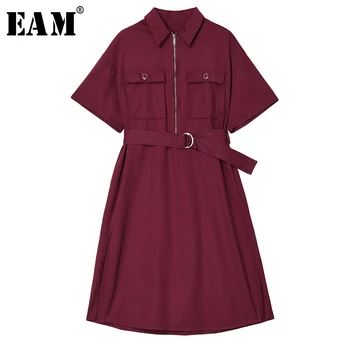 

[EAM] Women Red Pocket Split Joint Bandage Shirt Dress New Lapel Short Sleeve Loose Fit Fashion Tide Spring Summer 2020 1T625