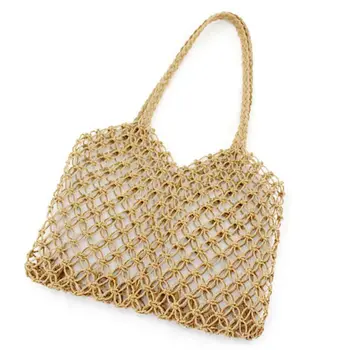 

New Hand-Woven Hollowwork Straw Bag Paper Rope Grid Without Lining Women Beach Bag(Brown)