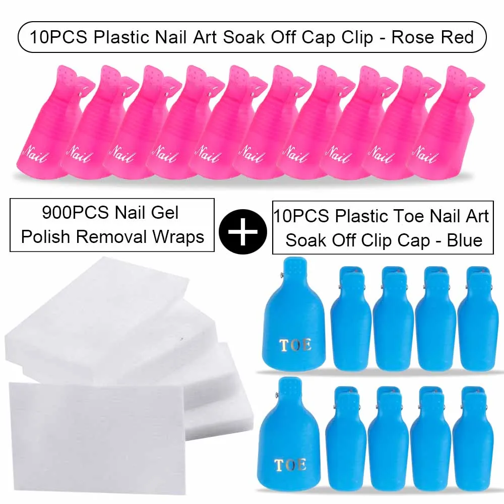 20PCS Plastic Fingers And Toes Nail Art Soak Off Cap Clip And 900PCS Cleanser Nail Gel Polish Removal Wraps Remove Tool Nail Tip - Цвет: Blue Toe Rose red Hd