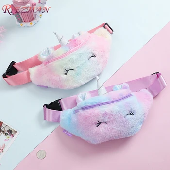 

RIEZMAN 2020 Cute Unicorn Female Waist Bag Kids Fanny Pack Cartoon Plush Women Belt Bag Fashion Travel Phone Pouch Chest Bags