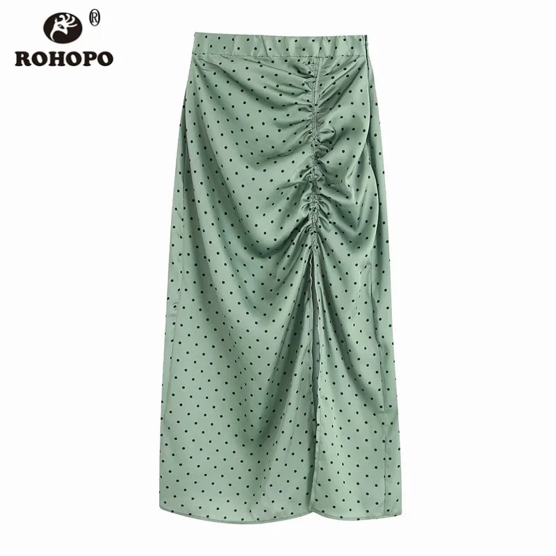 ROHOPO юбка миди с высокой талией, в горошек, спереди, драпированная, с разрезом, осенняя, женская, зеленая, прямая, до середины икры, Falda#9814 - Color: Green