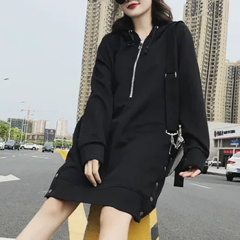 

XUXI Women Casual 2019 Autumn Korea Hooded Collar Full Sleeve Long Top Female Solid Color Loose Sweatshirt FZ0003