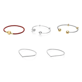 

925 Sterling Silver Bangles Gold Color Buckle Lovely Mouse Red Leather Bracelets For Women Diy Beads Size 16 17.5 19