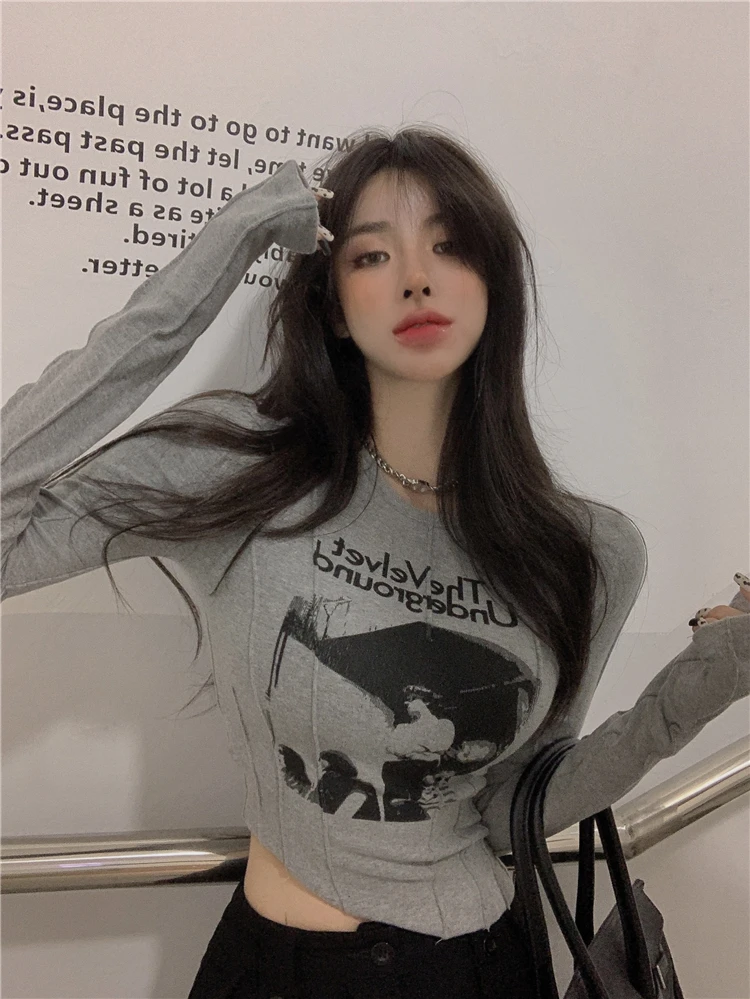 Yedinas Casual Slim T-shirt For Women O Neck Long Sleeve Sexy Crop Top Grunge Letters Print Female Korean Fashion Clothing 2021