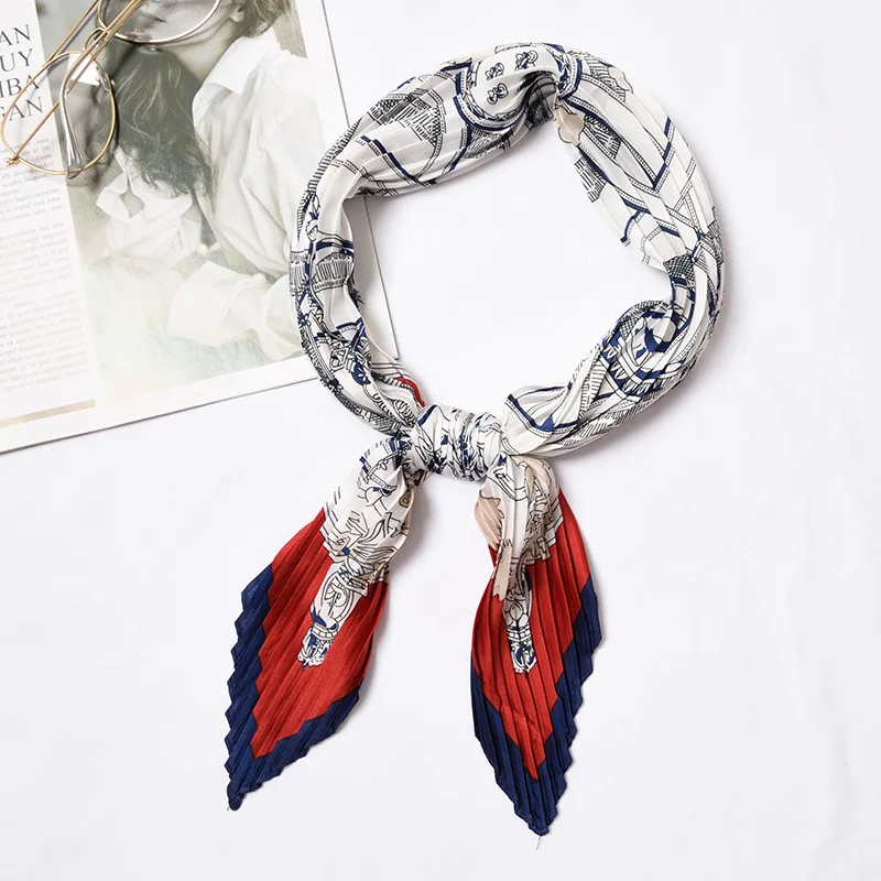 Сложенный плиссированный шелковый шарф, Изысканный Ретро Модный принт, украшение от морщин, солнцезащитный крем, дикое искусство, маленький квадратный шарф, размер 55*55 см - Цвет: 21