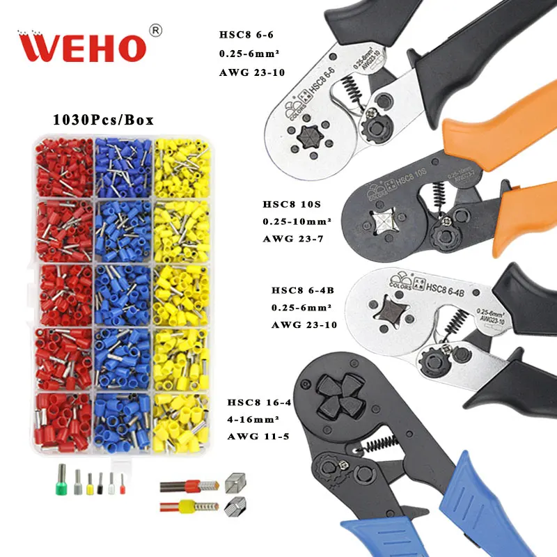 

Crimping tools pliers electrical tubular terminals box mini clamp HSC8 10S 0.25-10mm2 23-7AWG 6-4B/6-6 0.25-6mm2 16-4 hand tools