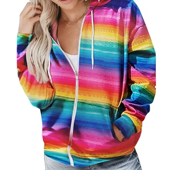 

2020 Autumn Winter Women Rainbow Striped Print Long Sleeve Hoodies Sweatshirts Casual Zipper Jacket Female Pocket Hooded Tops