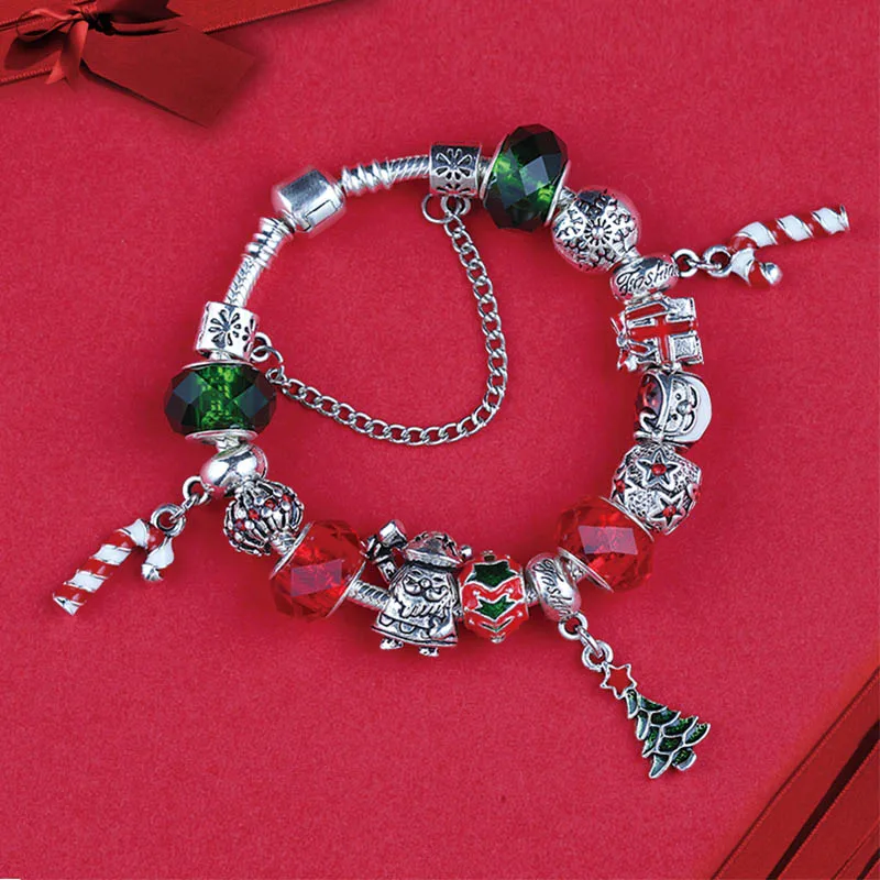 European& American Trendy Christmas Apple Charm Bracelet& Bangle Red Flower Crystal Diy Bead Bracelet Jewelry for Women