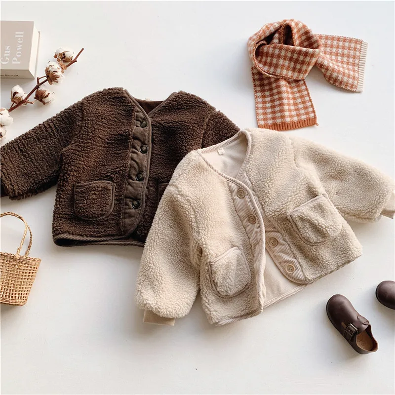 

DFXD Korean Children Clothes Warm Girl Solid Lamb Coats 2020 Winter Fashion Thickening Cashmere Outwear Toddler Girls Jackets