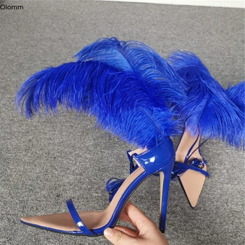 

Olomm Women Catwalk feather Sandals Stiletto High Heels Sandals Pointed Toe Gorgeous Blue Party Shoes Women US Plus Size 5-15