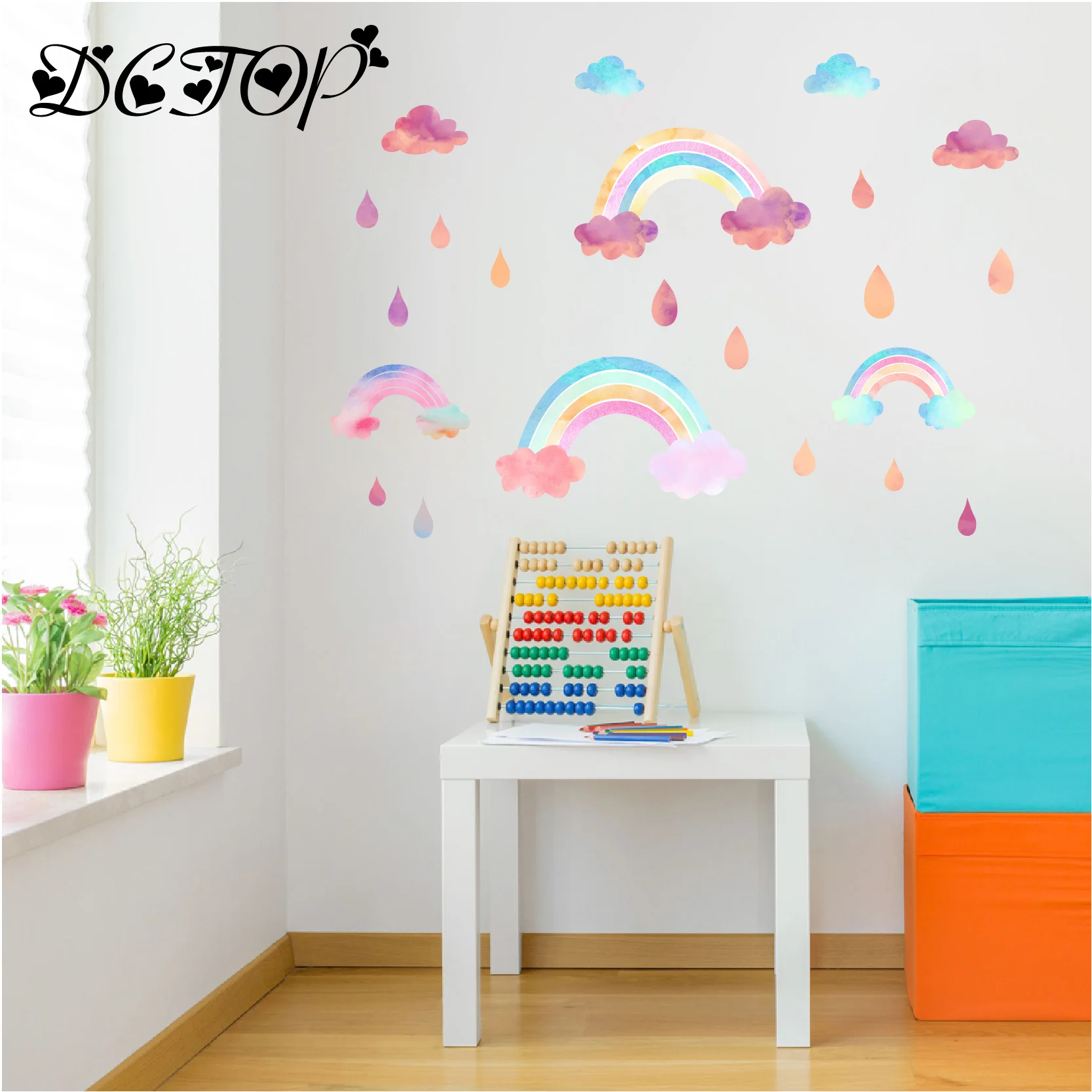 

Pretty Colored Rainbow Clouds Stickers on Wall Room Decoration Art DIY Rain Raindrop Decal for Kids Nursery Removable Home Mural