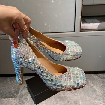 

BlingBling Glitter Leather Shoes Woman Square Toe Thin Heel Pumps Women Slip On Brand Designer Runway Shoes Women New 2020 Brand