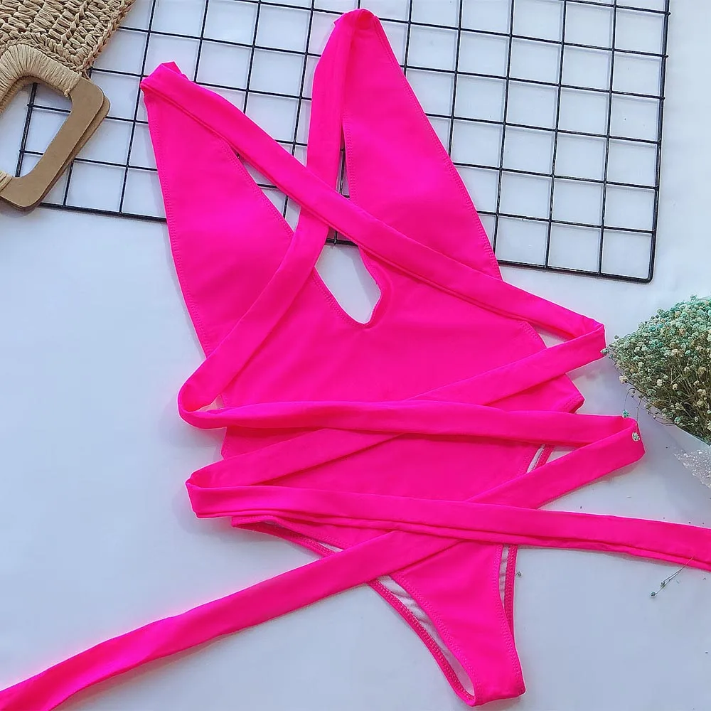 Red Wrap Around Women Swimwear One Piece Swimsuit Female Bather 2020 Deep V Neck Bathing Suit Swim Backless Monokini