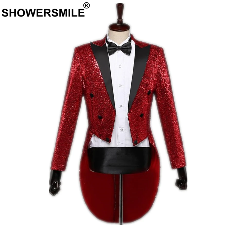 Мужской пиджак с блестками shouresmile Длинный блейзер красного цвета хвостом