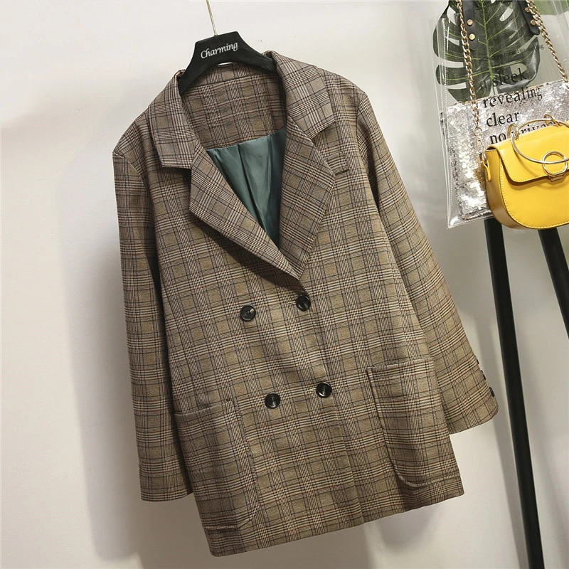 Женский винтажный двубортный Блейзер свободного кроя Классический клетчатый