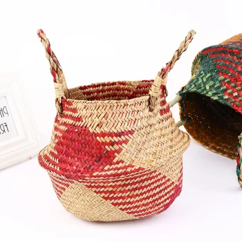 

Woven Linen Basket Storage Container Multipurpose Flower Vase Double Thicken Handle Storage Bin (Red)