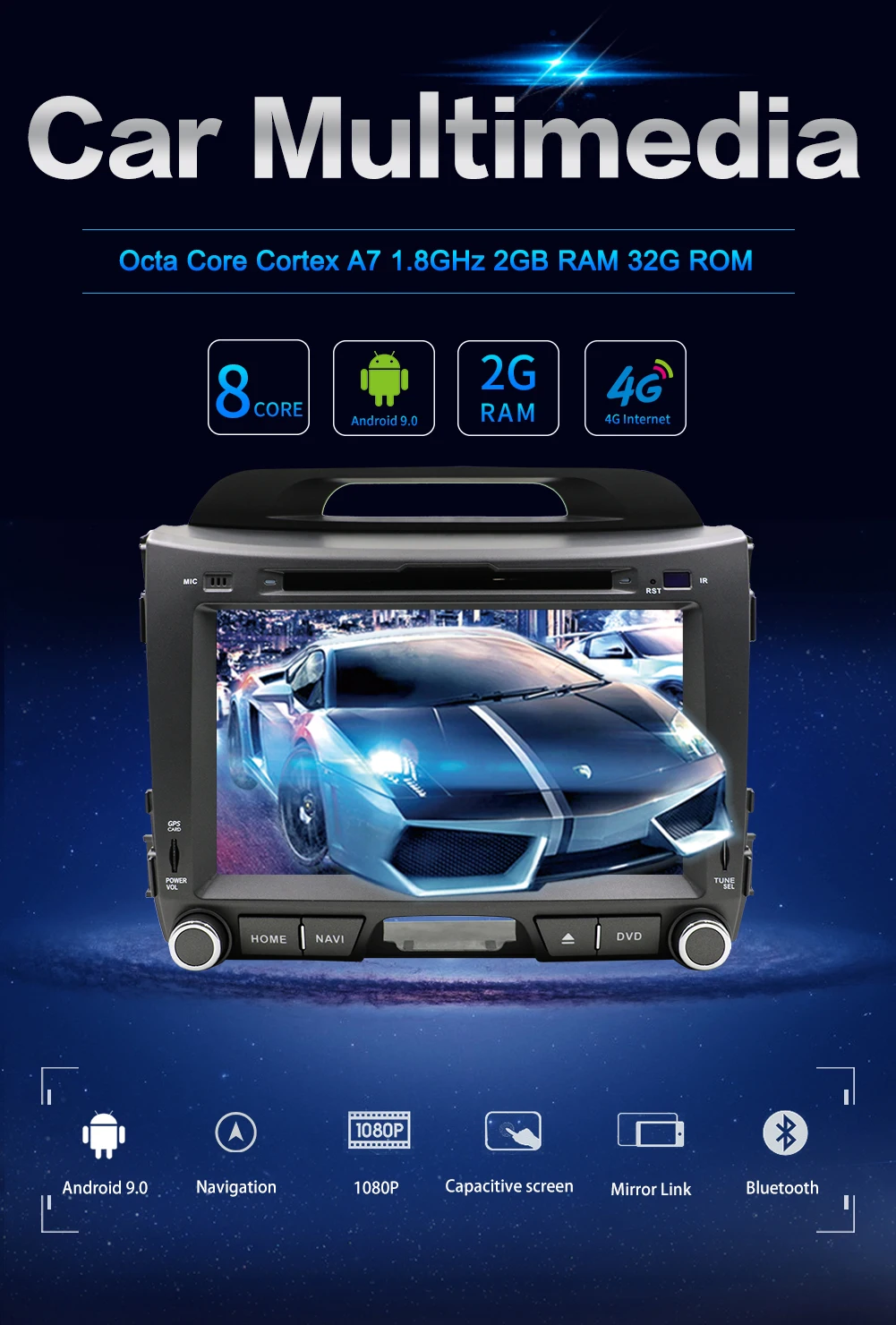 Excellent Car Android 9.0 2 din car multimedia player car dvd for KIA sportage 2011 2012 2013 2014 2015 headunit gps navigation Radio 1