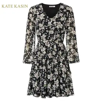 

Kate Kasin Floral Print Dress Women Long Lantern Sleeve V Neck Chiffon Dress Midi Beach Dress Elastic Waist Swing Party Vestido