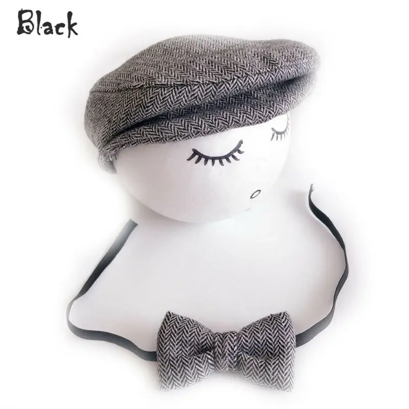 Newborn Baby Hat Beret + Bow Tie Set Photography Props