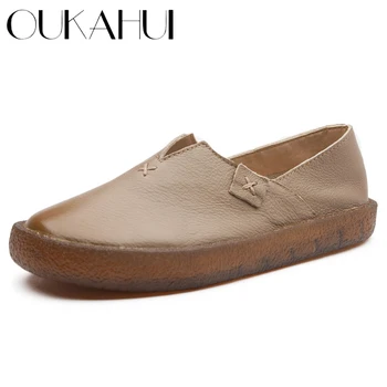 

OUKAHUI Handmade Vintage Genuine Leather Loafers Shoes For Women Flats Shallow Soft Comfortable Ladies Slip-On Flat Shoes Woman