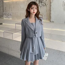 Офисное женское платье костюмы короткий жакет с длинными рукавами+ платье на бретельках комплект из 2 предметов женские с высокой талией офисный костюм платье TA19680