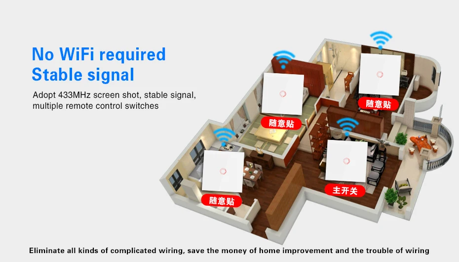 UBARO EU 433 RF Wireless Control Switch Luxury Crystal Glass Panel Wall Touch Sensor Stair Light Button Led Indicator 1/2/3 Gang bluetooth light switch