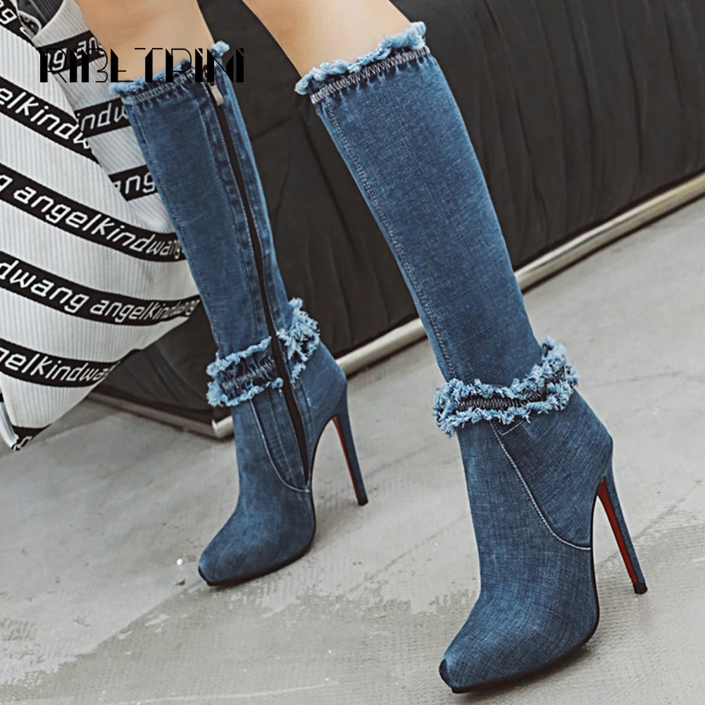 

RIBETRINI Autumn Winter Streth Denim Boots For Women Platform Knee High Boots Zipper Thin High Heels Boots Woman Size 33-43