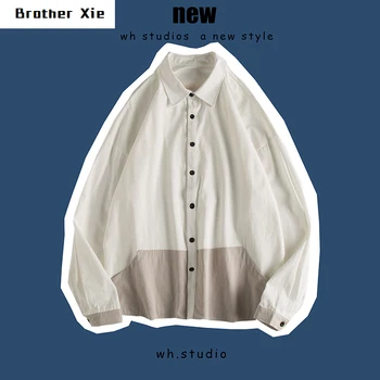 

Spring New Dress Shirt Men Fashion Contrast Color Business Casual Shirt Man Streetwear Wild Loose Long-sleeved Shirt Male