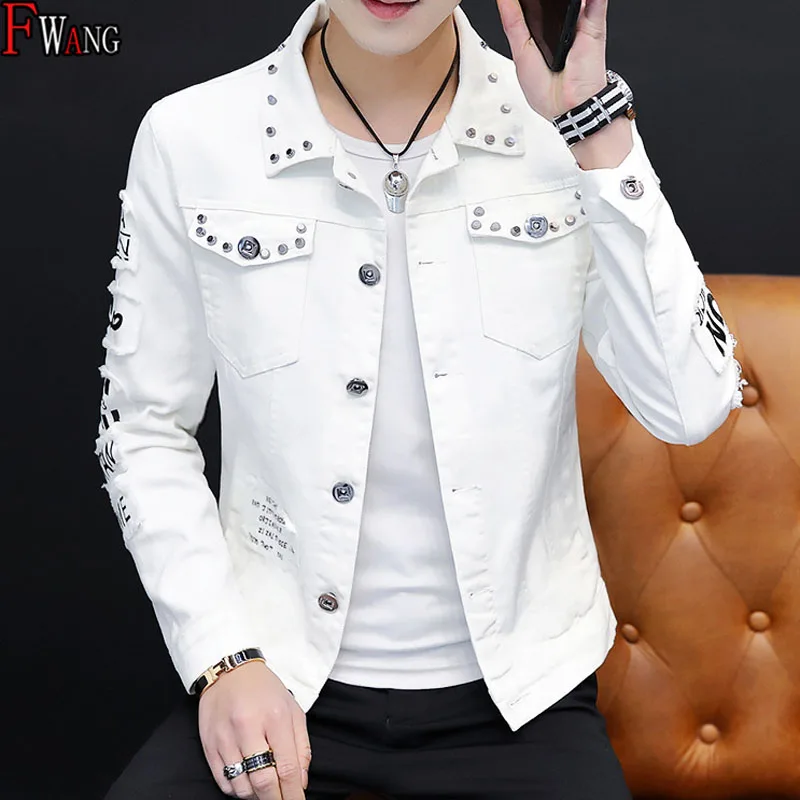 

Wholesale 2019 Autumn Winter Fashion hip hop white denim jacket male Cowboy Ripped hole denim clothing social guy rivet jacket
