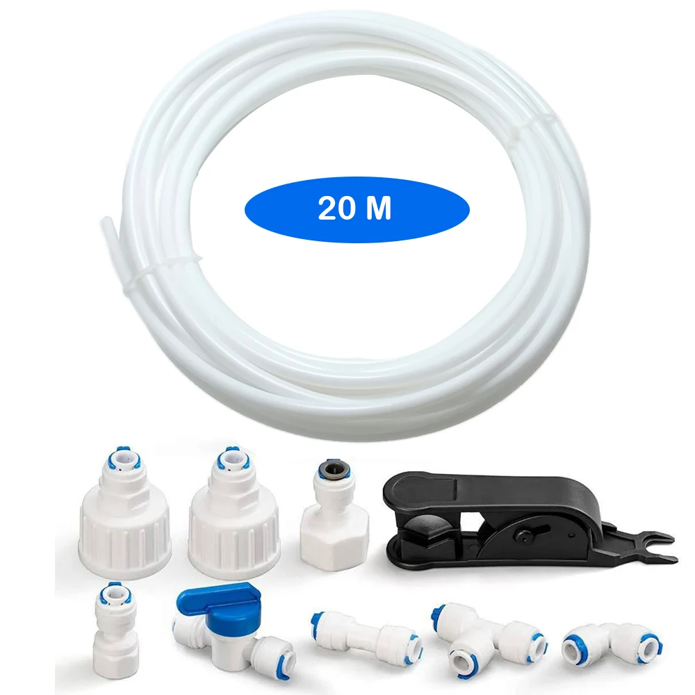 1/4" O.D. RO Water Filter Tube Fitting 20M Tube+Plastic Push Fit Quick Connect for Water Lines Fridge/Ice Maker Installation Kit