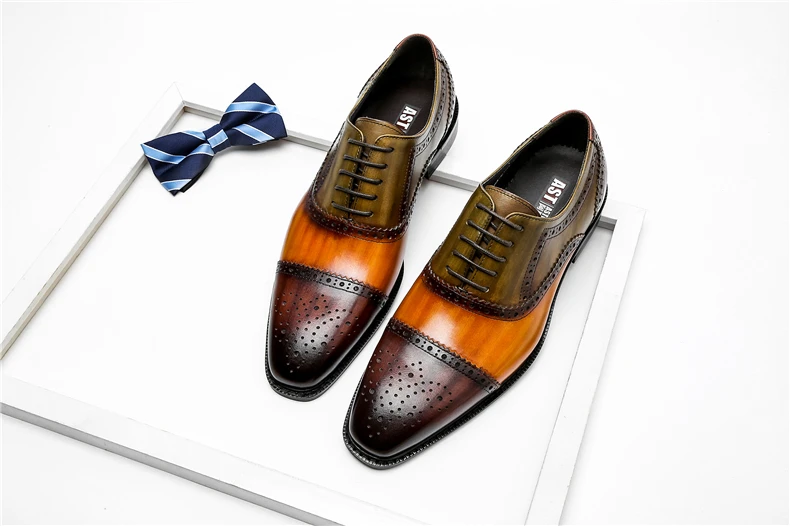 Phenkang Men Genuine Wingtip Leather Oxford Shoes Pointed Toe Laces Up Oxfords Dress Brogues Wedding Business Platform Shoes