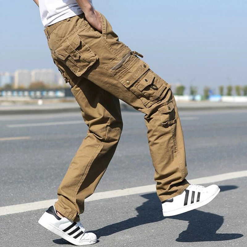 Pantalones Cargo para hombre, Pantalón de algodón de pierna recta con múltiples bolsillos, militar, para exteriores|Pantalones informales| AliExpress