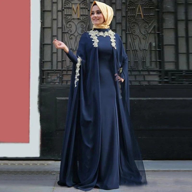 

2019 Royal Blue Chiffon Long Sleeves Muslim Arabic Evening Dresses Plus Size Prom Gowns Dubai Moroccan Kaftan Formal Vestidos