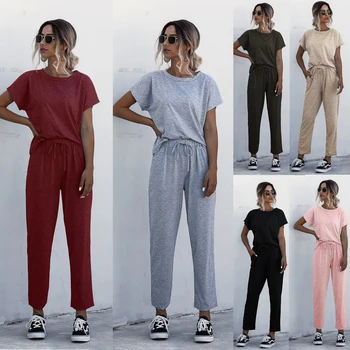 

6 Color Women Summer Tracksuits 2 Piece Set Solid Color Lounge Wear Short Sleeve O-Neck Tops Long Pants Sweatsuits