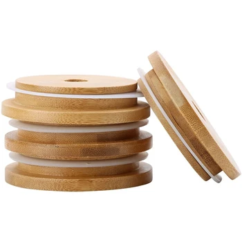 

Bamboo Mason Bottle Caps with Straw Holes,for 70mm Regular Mouth Mason Jars (with O-Ring Gasket) 4Pcs