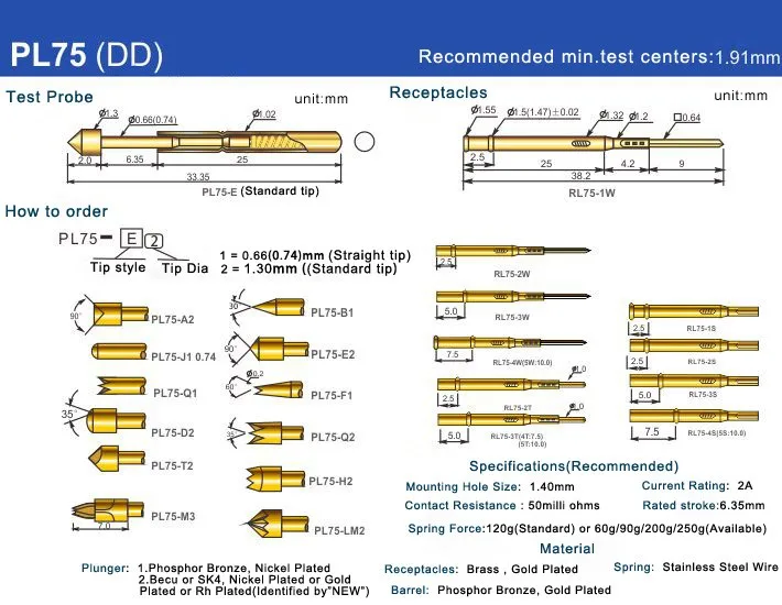 20/100PCS PAL75-M3 Frühling Test Sonde Test Pin Pogo Pin PL75-M3 PCB Test Werkzeug 1,30/0,74/1,02/38,35mm Gold Nadel tricusp Spitze – Detail 3